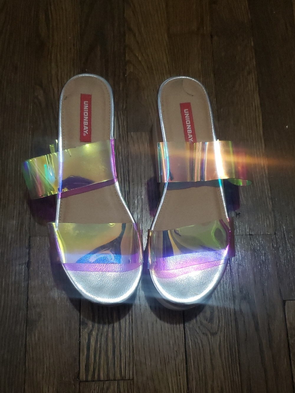 UNIONBAY Iridescent Slide Sandals in Holographic Multi